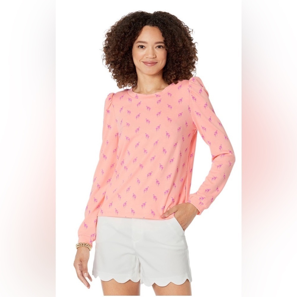 Lilly Pulitzer Jansen Sweatshirt Peach Hyacinth Flamingo Print Sz Small